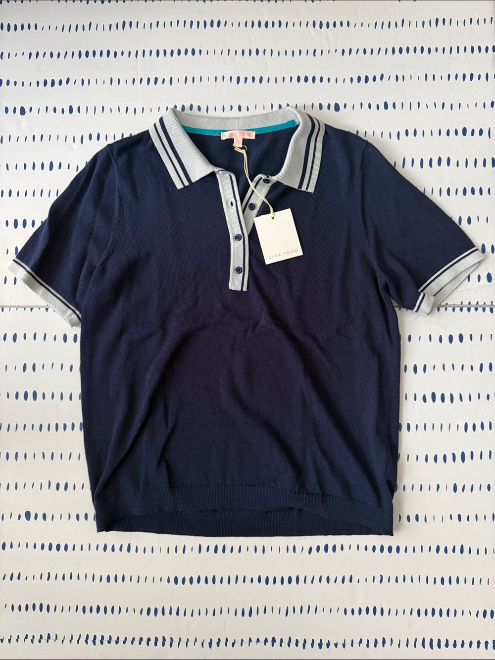Lisa Todd Navy Short Sleeve Polo Knit Top with Light Gray Trim